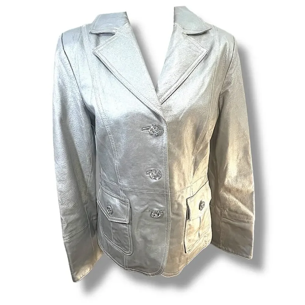 BRADLEY Elegant Silver Metallic Leather Oversize Rhinestone Buttons Jacket M